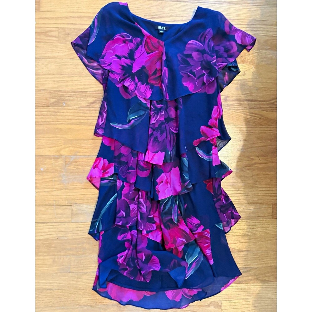 SLNY Navy Purple Pink Floral Chiffon Sheath Dress 14 Layered Ruffle Knee